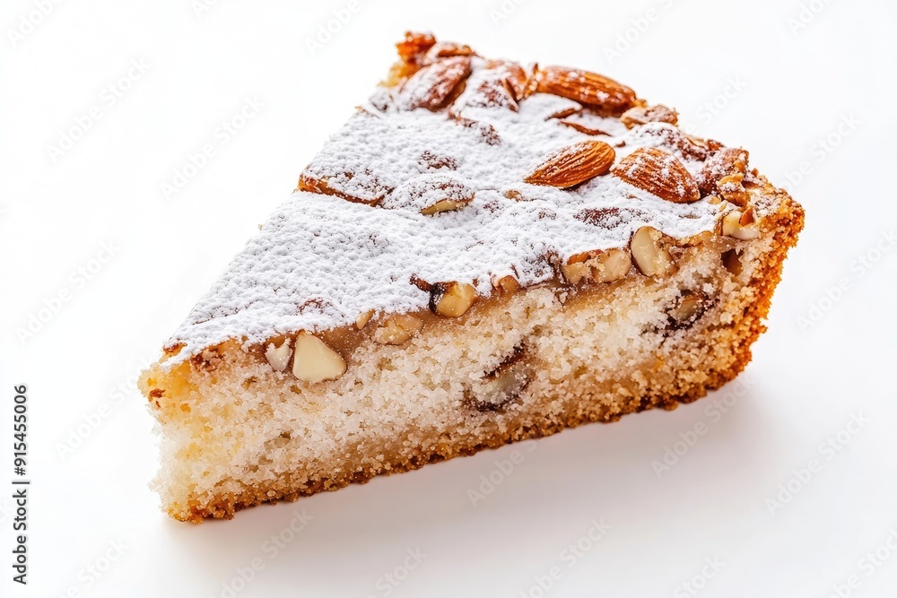 Almond and Sugar-Dusted Cake Slice on White Background Almond and Sugar-Dusted Cake Slice on White Background
