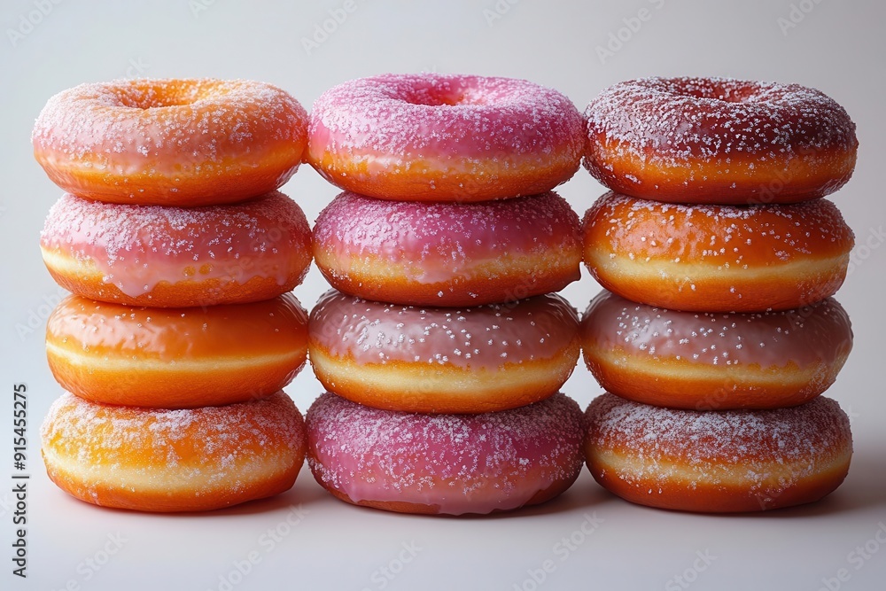 vibrant glazed donuts stacked in a whimsical tower casting soft shadows on a crisp white background varied colors and textures create a mouthwatering display vibrant glazed donuts stacked in a whimsical tower casting soft shadows on a crisp white background varied colors and textures create a mouthwatering display