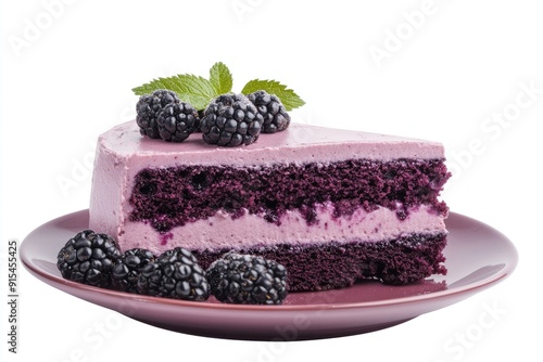 A Slice of Blackberry Cake with Fresh Berries on a Purple Plate