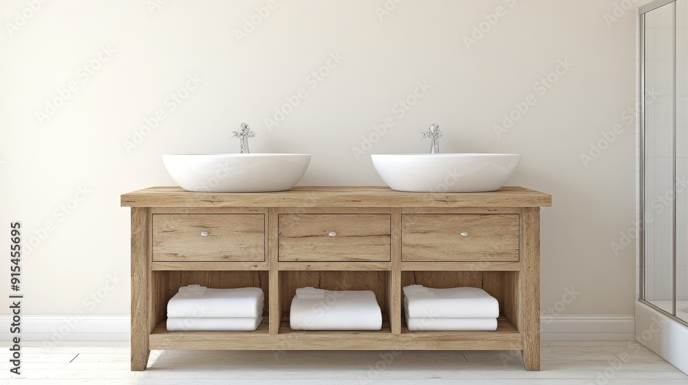 Fototapeta premium Bright bathroom features a double vanity wooden cabinet with open storage, a sleek bathtub, and simple decor, creating a calm and inviting atmosphere