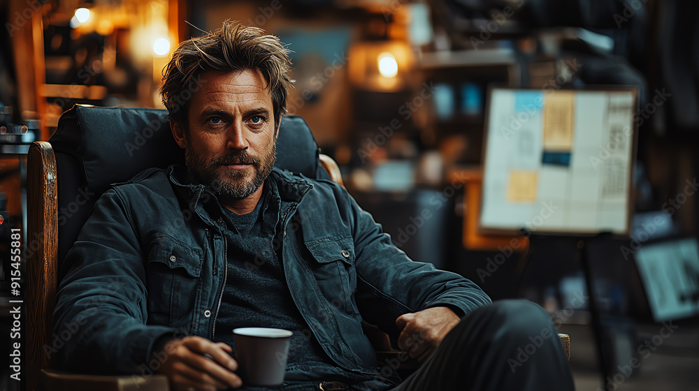 A contemplative man enjoying a coffee in a cozy and artistic workspace, exuding creativity and relaxation. A contemplative man enjoying a coffee in a cozy and artistic workspace, exuding creativity and relaxation.