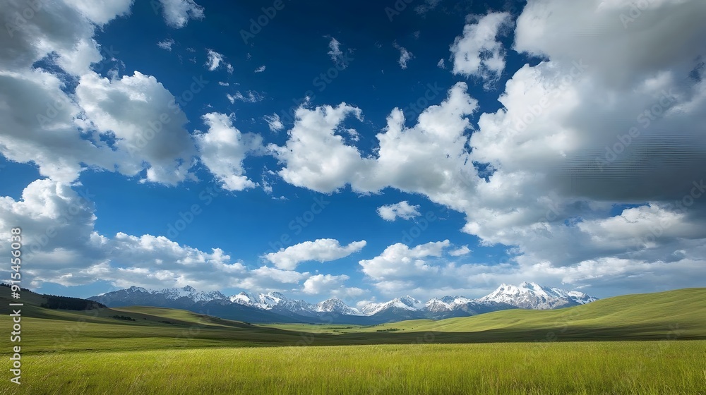 Majestic Mountain Landscape with Lush Grassy Meadow under Dramatic Cloudy Sky Majestic Mountain Landscape with Lush Grassy Meadow under Dramatic Cloudy Sky