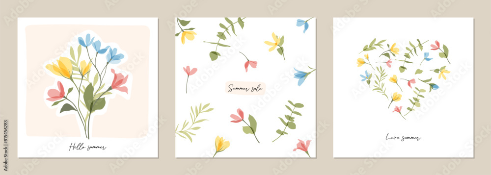 Fototapeta premium Botanical frame, border of vector cute transparent flowers. Bouquet and heart of colorful wildflowers. Floral templates for invitation, birthday, Mother's Day, Valentine's Day, social media post, card