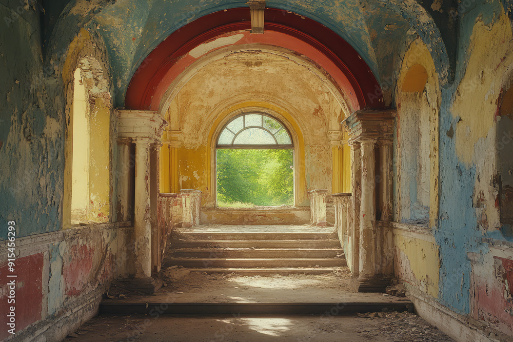 Naklejka premium An Abandoned Sanctuary with Sunlight Pouring Through a Circular Window