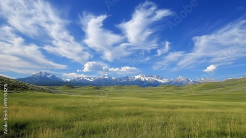 Majestic Mountain Landscape with Serene Grassy Meadow Under Dramatic Sky Filled with Fluffy Clouds