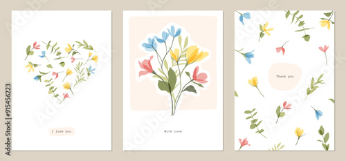 Botanical frame, border of vector cute transparent flowers. Bouquet and heart of colorful wildflowers. Floral templates for invitation, birthday, Mother's Day, Valentine's Day, social media post, card