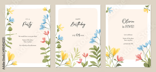 Vector cute transparent flowers illustration of colorful wildflowers. Floral templates for invitation, birthday, Mothers Day card, poster, post in social media, cover. Botanical frame, border, pattern