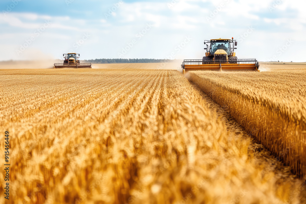 Obraz premium Harvesting the Bounty: Tractors Working Through Vast Golden Fields Beneath a Blue Sky