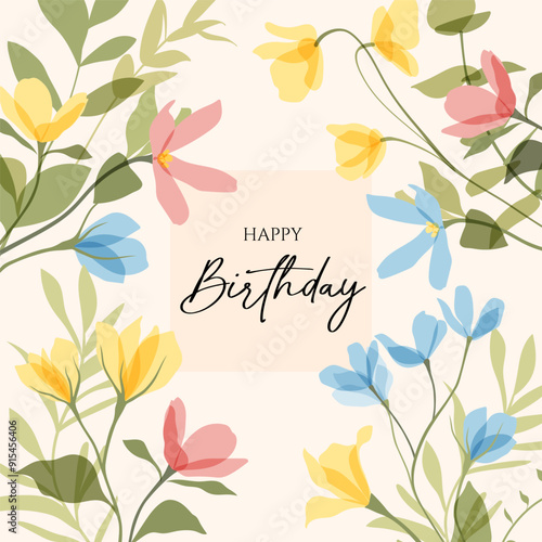 Vector cute transparent flowers illustration of colorful wildflowers. Floral templates for invitation, birthday, Mothers Day card, poster, post in social media, cover. Botanical frame, border, pattern