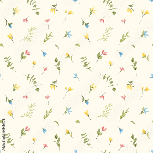 Seamless pattern of cute transparent colorful flowers for textiles, fabric printing, children's parties. Many small wild flowers on beige background. Kids romantic ornament. Botanical illustration.