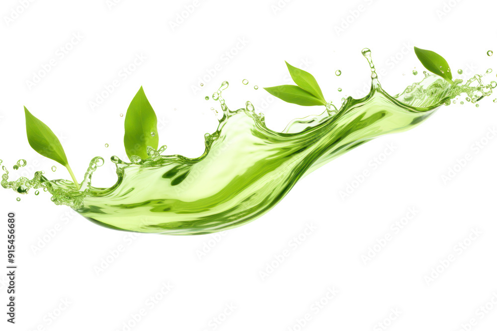 Fresh green leaves decorated with dew drops swaying, isolated on white background.