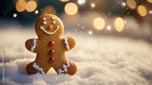 Festive Christmas scene with a happy gingerbread man and a snowy background, perfect for adding text in the middle.