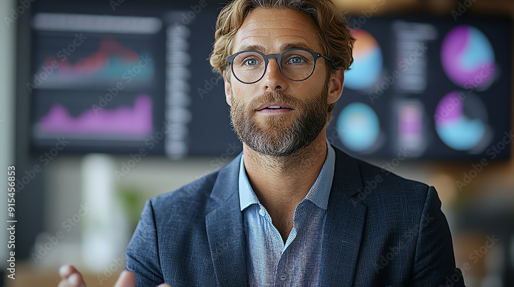 A professional man in a suit discusses data insights in a modern office with graphs displayed on screens behind him. A professional man in a suit discusses data insights in a modern office with graphs displayed on screens behind him.