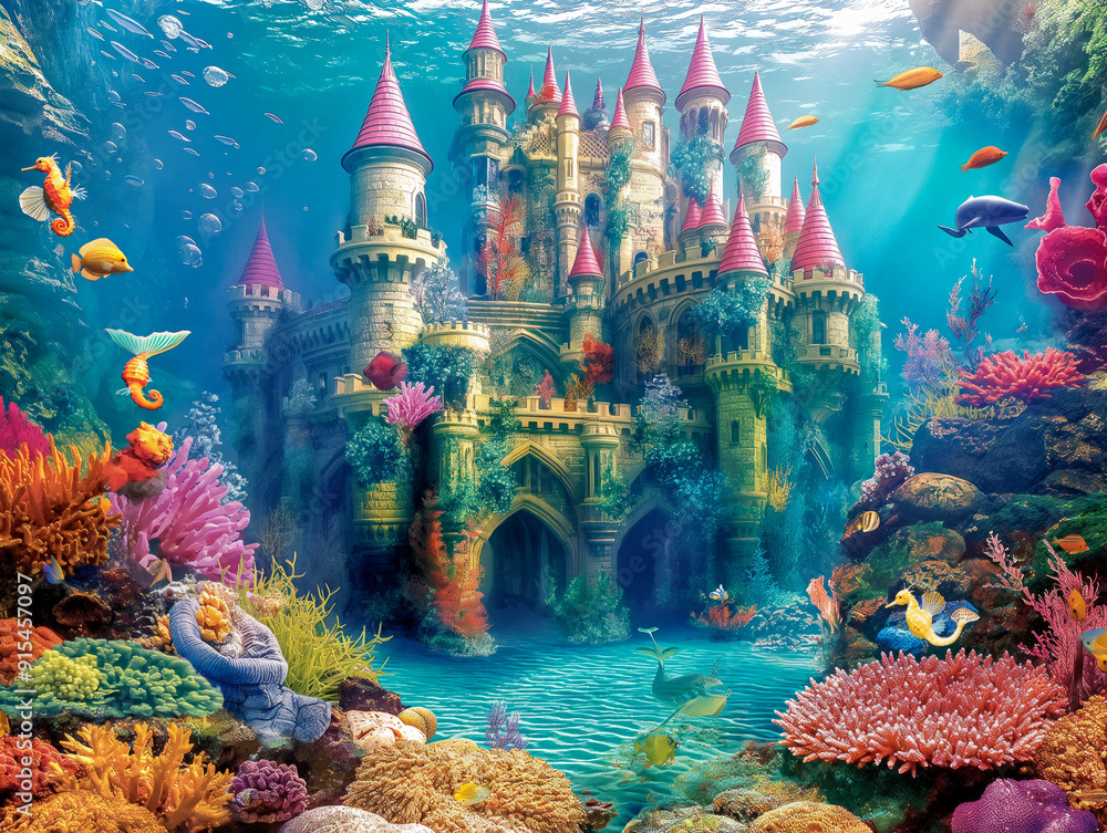 A colorful underwater scene with a castle and a mermaid. The castle is surrounded by a variety of sea creatures, including fish and a dolphin. Scene is playful and whimsical