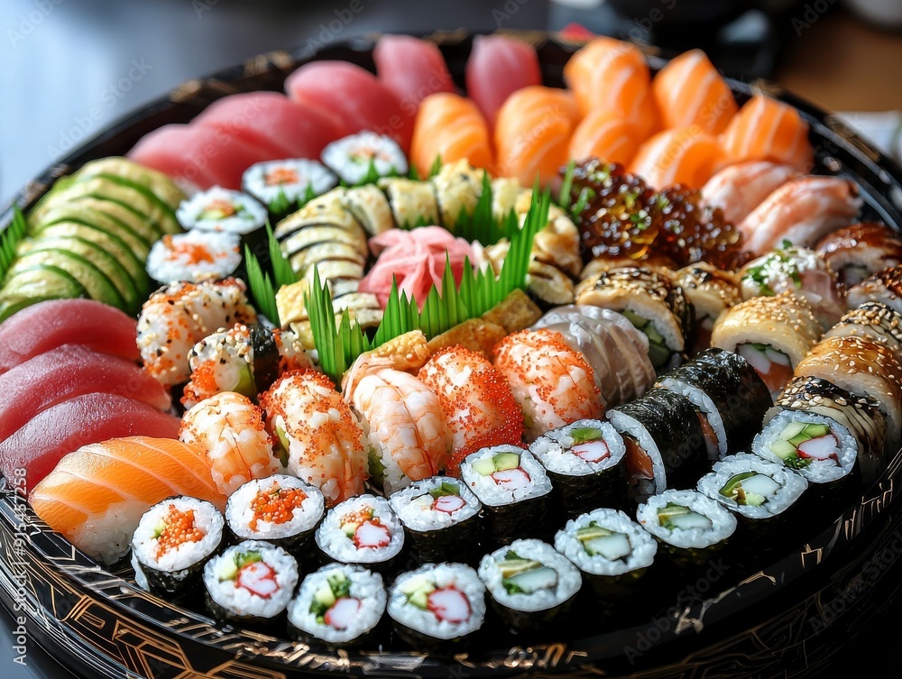 A large platter of assorted sushi rolls and sashimi, perfect for a party or celebration. A large platter of assorted sushi rolls and sashimi, perfect for a party or celebration.