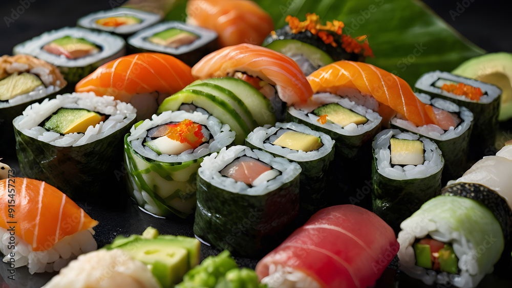 A plate of sushi with a variety of rolls and a flower on the side. The sushi rolls are arranged in a way that makes them look appetizing and colorful. The flower adds a touch of elegance