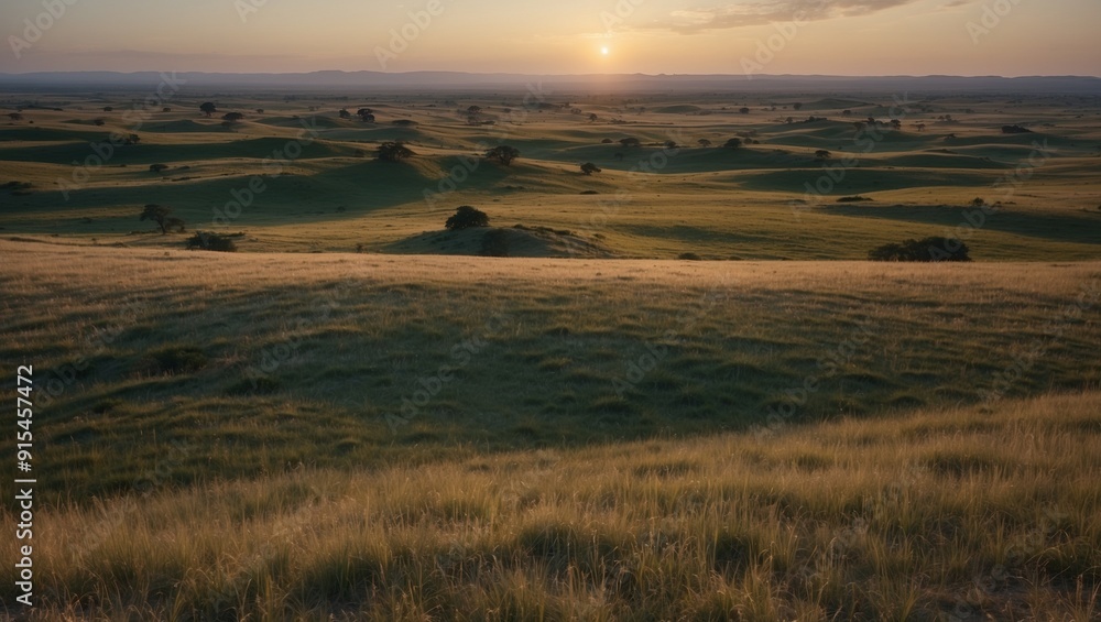 Fototapeta premium Vast green landscape with hills and a setting sun view