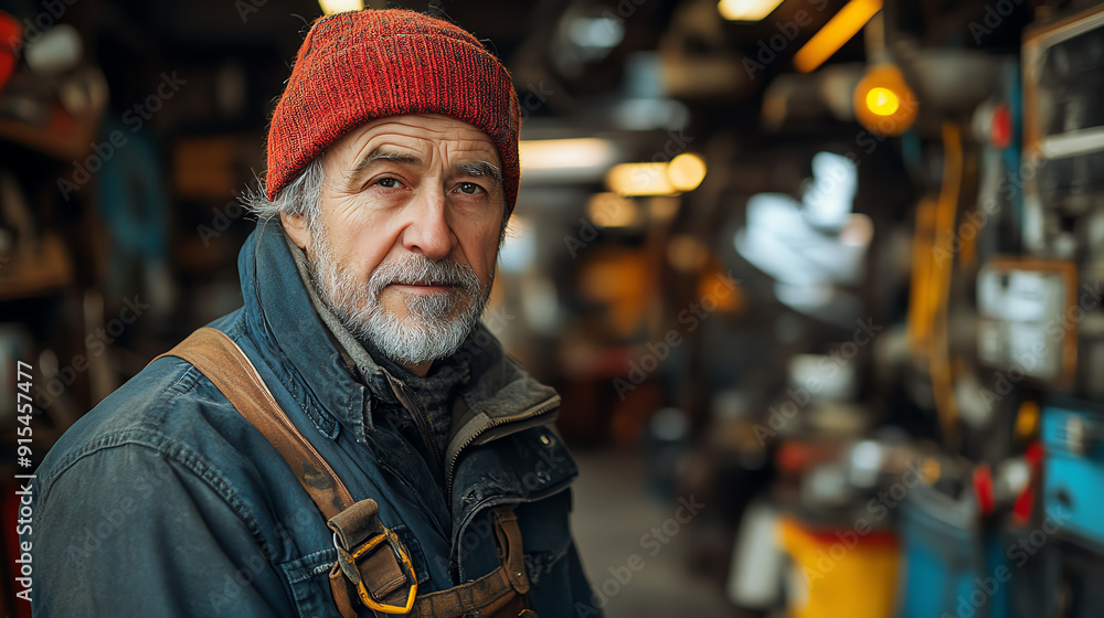 A thoughtful elderly man wearing a red beanie sits in a workshop filled with tools and warm light, embodying experience and craftsmanship. A thoughtful elderly man wearing a red beanie sits in a workshop filled with tools and warm light, embodying experience and craftsmanship.