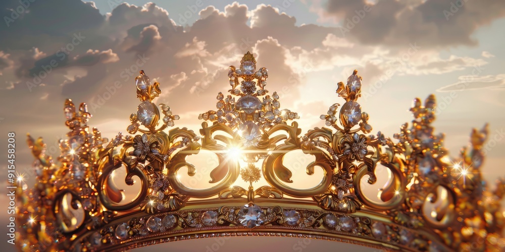 Obraz premium Royal gold crown with intricate carvings dazzling diamonds and ornate details displayed against a backdrop of clouds during the day