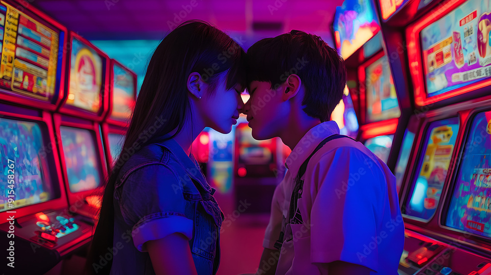 Two asian teenagers kissing each other in an arcade hall Two asian teenagers kissing each other in an arcade hall