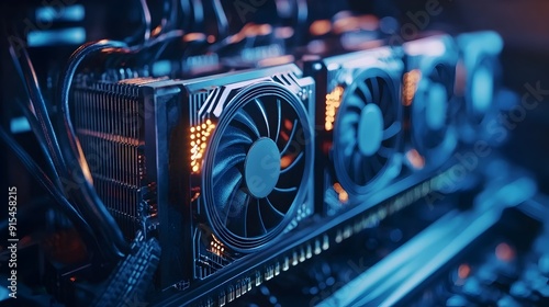 Closeup View of Powerful Glowing Graphics Card with Cooling Fan in Gaming Computer