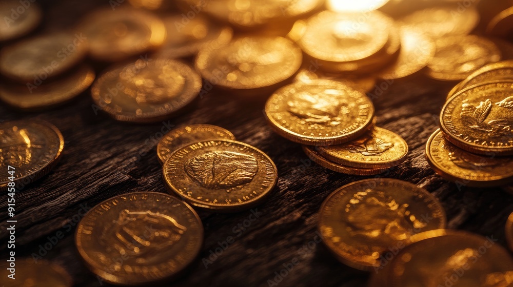Golden coins scattered across a dark wooden surface, reflecting the rich history and value of gold currency. Great for financial or historical themes. Golden coins scattered across a dark wooden surface, reflecting the rich history and value of gold currency. Great for financial or historical themes.