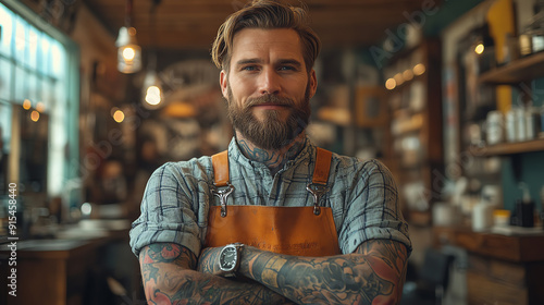 Confident barber stands with crossed arms in a stylish barbershop, showcasing his unique style and vibrant tattoos.