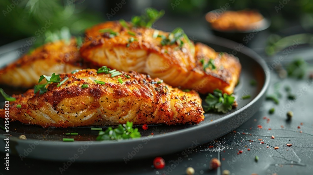 A plate of grilled fish seasoned with spices and herbs A plate of grilled fish seasoned with spices and herbs