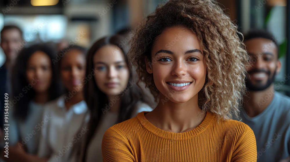 Smiling woman in a group setting, showcasing confidence and joy. Diverse group in a modern environment, perfect for social themes. Smiling woman in a group setting, showcasing confidence and joy. Diverse group in a modern environment, perfect for social themes.