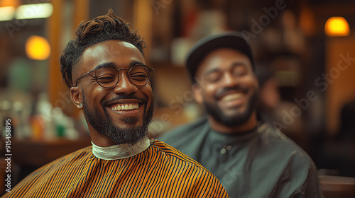 Two men enjoy a joyful moment at a barbershop, showcasing friendship and community in a vibrant atmosphere.