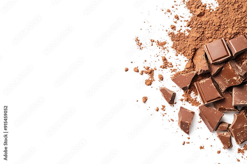 Fototapeta premium Heap of broken pieces of chocolate on white background