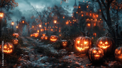 Glowing jack-o'-lanterns lining a spooky path near an old mansion on a foggy Halloween night