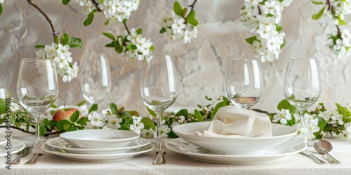 Elegant table setting for a wedding reception adorned with spring blossoms from an apple tree Commemorating a joyous special occasion the wedding day Chic white dinnerware and wine glasses