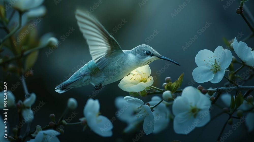 A stunning shot of a hummingbird in flight, sipping nectar from white flowers, captured in soft evening light.