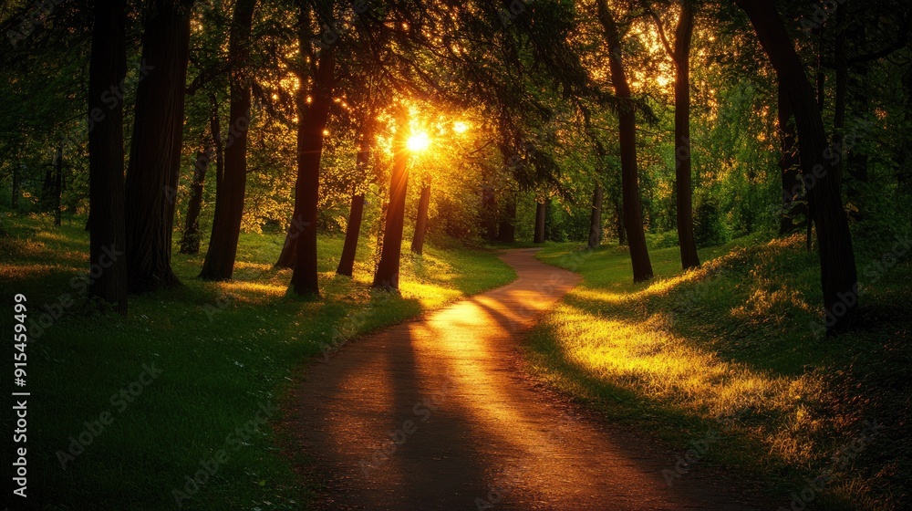 Obraz premium A winding path through a forested park, illuminated by the low rays of the setting sun