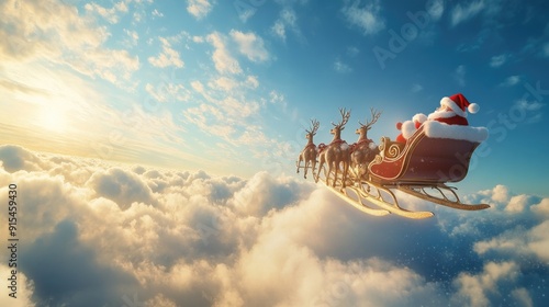 Joyful Christmas scene of Santas sleigh and reindeer flying through the sky, leaving room in the center for text. Perfect for holiday wishes.