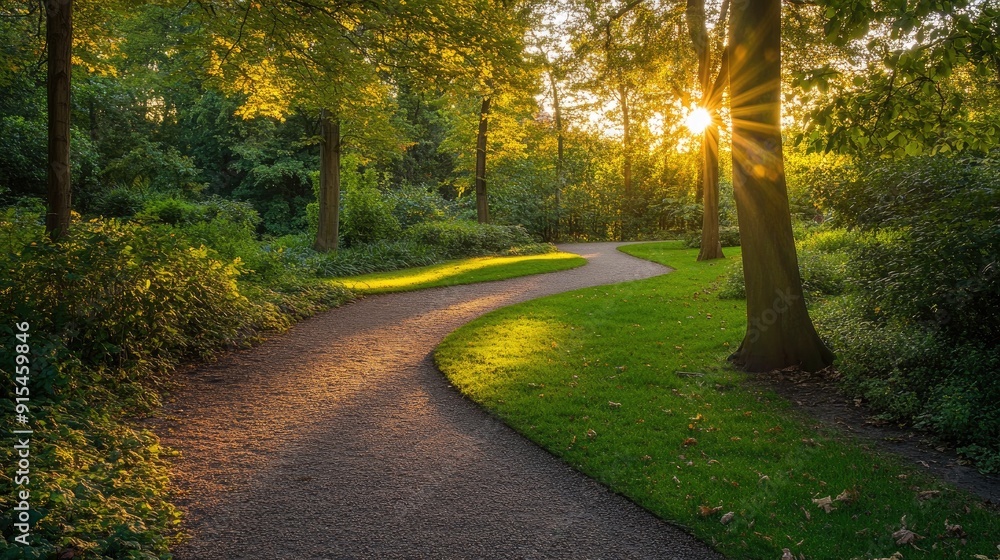 Obraz premium A winding path through a forested park, illuminated by the low rays of the setting sun