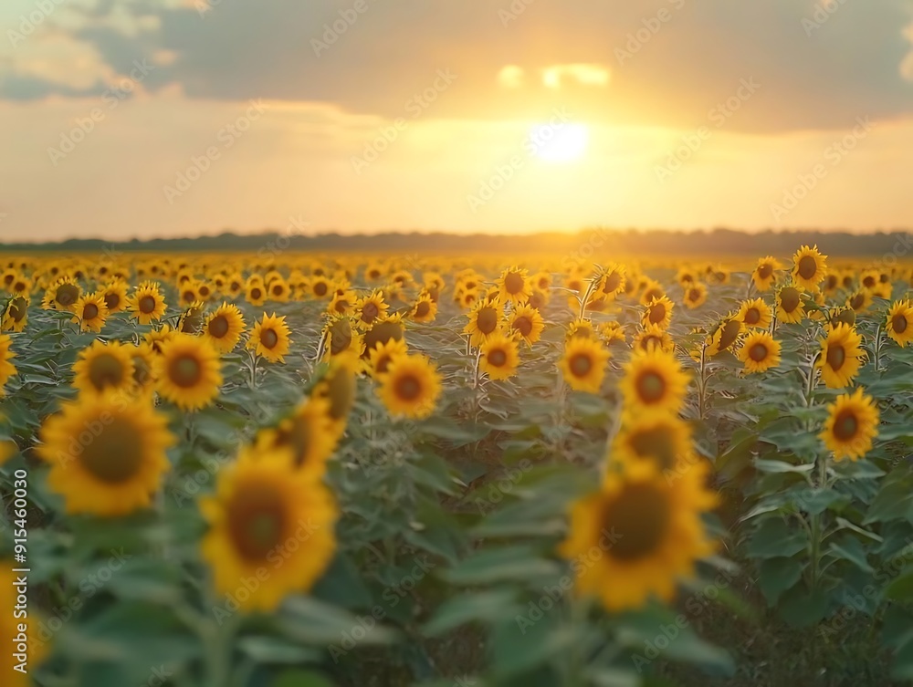 Obraz premium Golden Sunset Over Sunflower Field - Realistic Image
