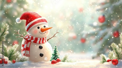 Lovely Christmas cartoon with a merry snowman and holiday decorations, offering a clear space for your message.