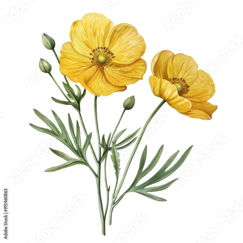 Watercolor illustration of a yellow poppy flower with green leaves. photo