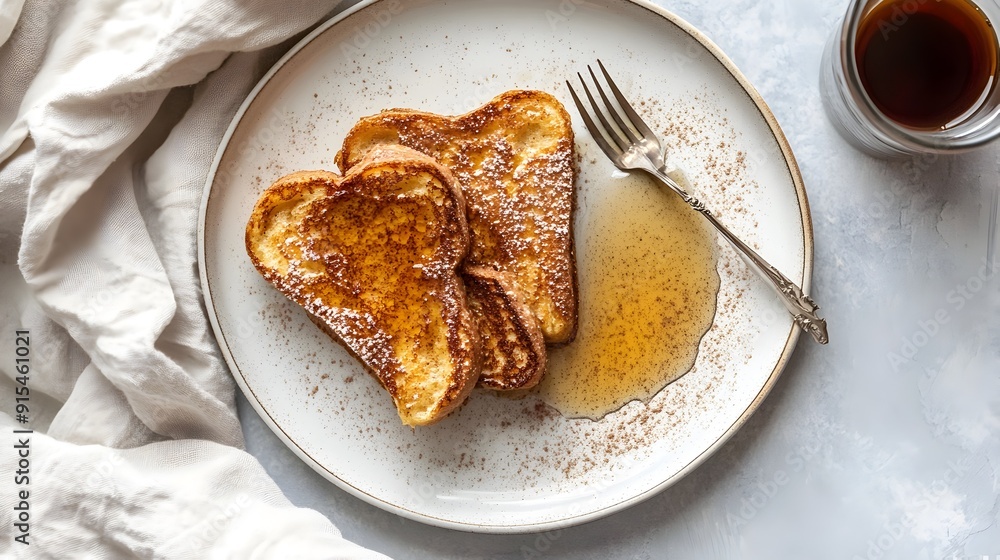 Freshly Baked Homemade French Toast with Maple Syrup and Cinnamon Served on a Plate Freshly Baked Homemade French Toast with Maple Syrup and Cinnamon Served on a Plate