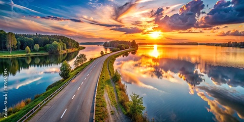 Lake and road at sunset