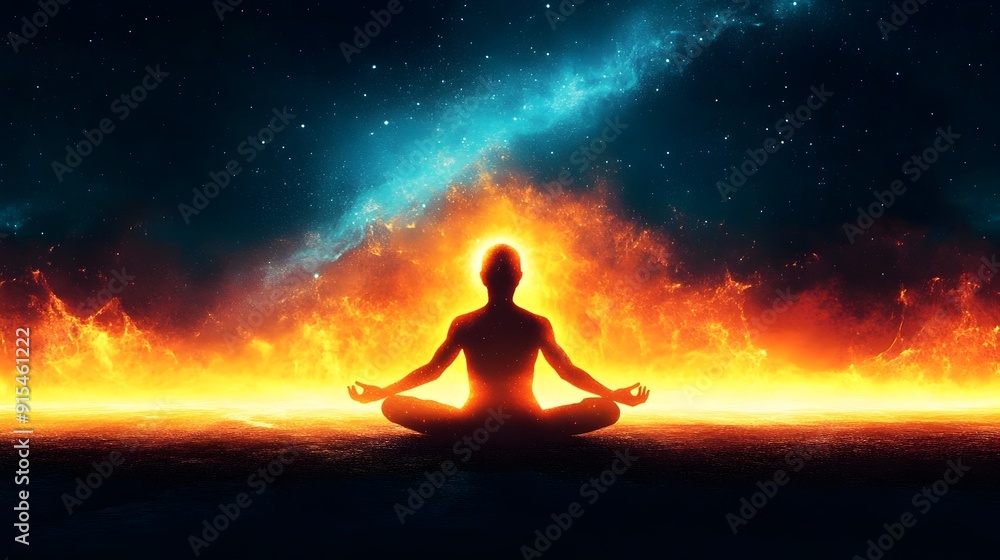 Silhouetted figure meditating in cosmic universe with fiery sky Silhouetted figure meditating in cosmic universe with fiery sky