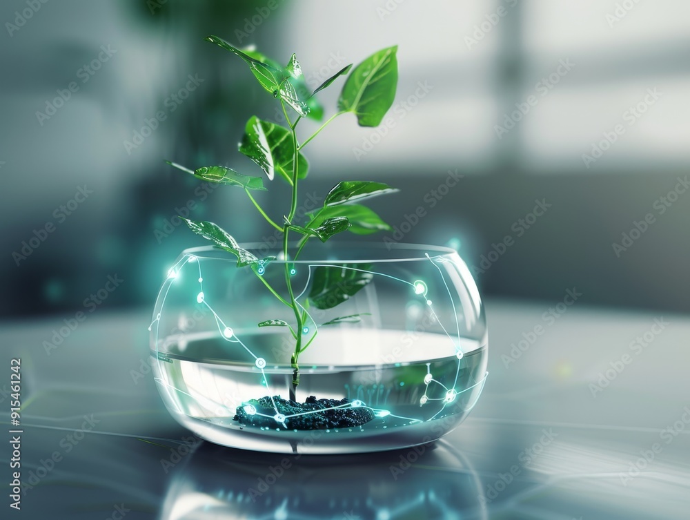 Nature-Tech Fusion: Close-up of Sprouting Plant in Transparent Pot with Digital Sensors. Nature-Tech Fusion: Close-up of Sprouting Plant in Transparent Pot with Digital Sensors.