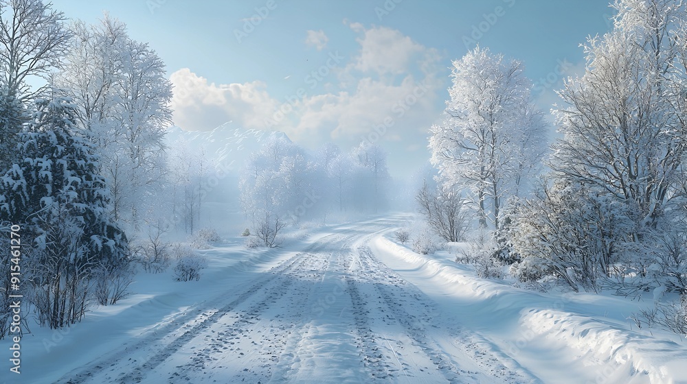 Snowy Road Leading Through a Frosty Forest Snowy Road Leading Through a Frosty Forest