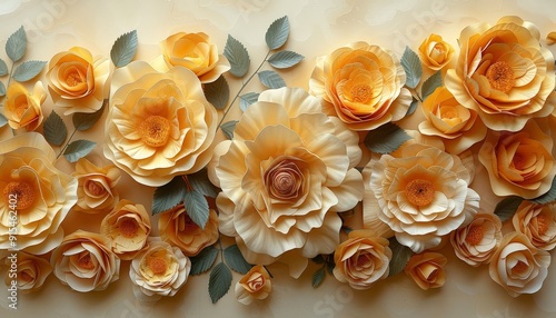 An intricate assortment of 3D abstract roses in Mustard monochrome, creating a stylish background with a subtle border and ample copy space