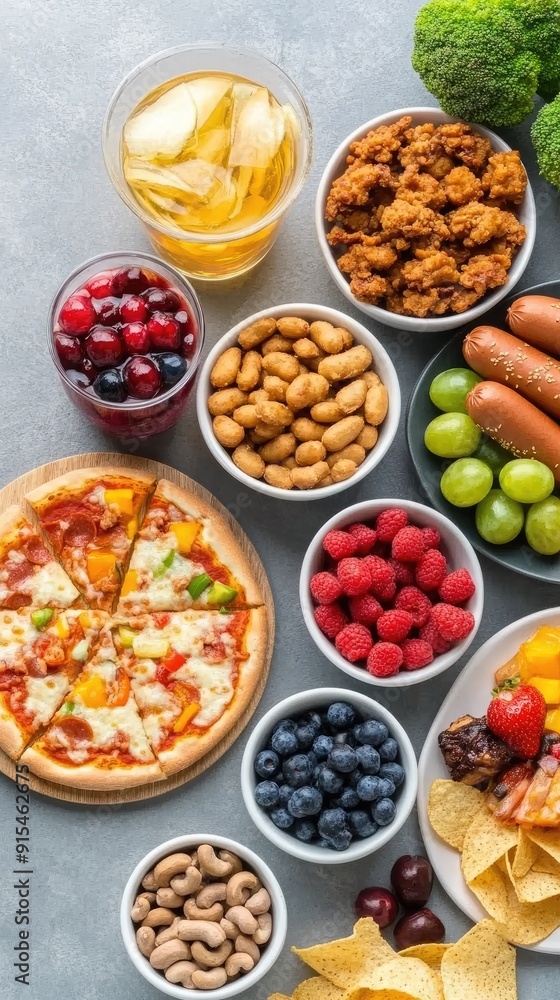 A colorful array of grilled meats, fresh fruits, and drinks arranged on a dark wooden table, perfect for a spring or summer festival gathering