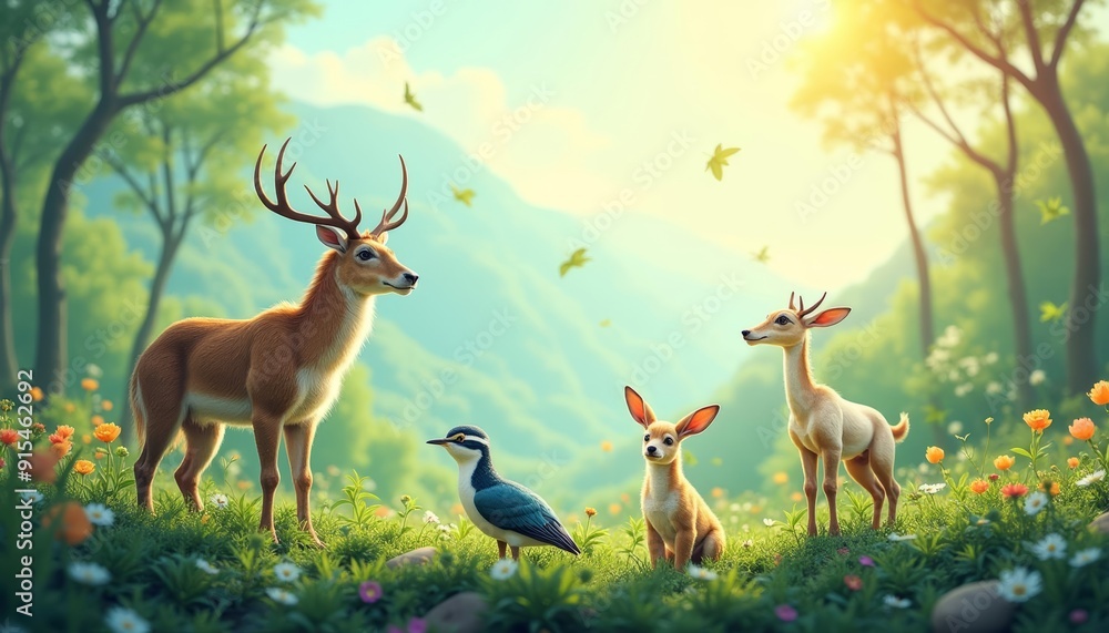 Fototapeta premium Friendly wildlife gathering in a serene forest
