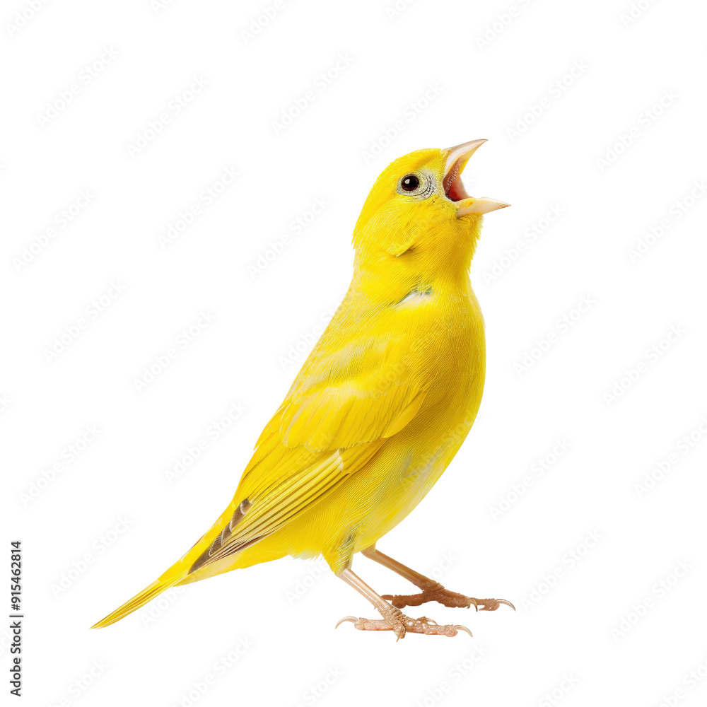 A bright yellow canary with its beak open, singing. The bird is isolated on a black background. A bright yellow canary with its beak open, singing. The bird is isolated on a black background.