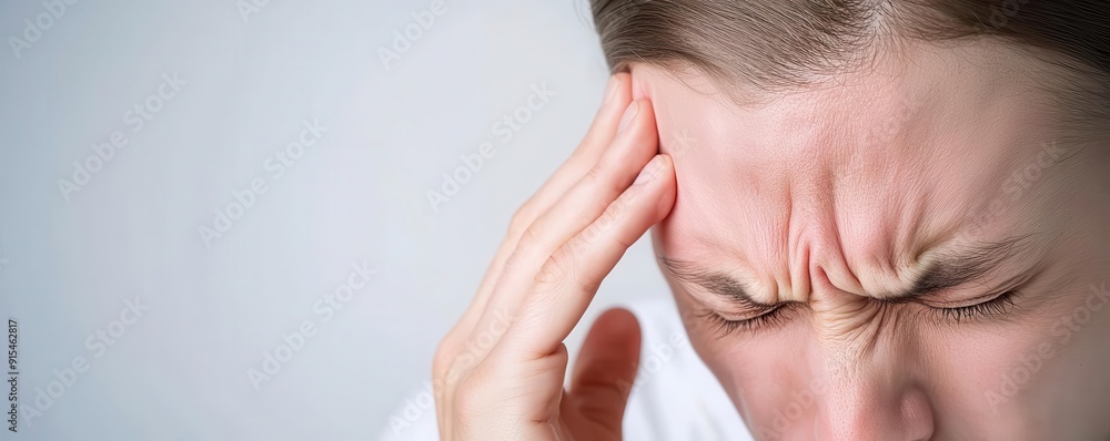 Detailed image of a person massaging their temple, depicting intense headache pain Detailed image of a person massaging their temple, depicting intense headache pain